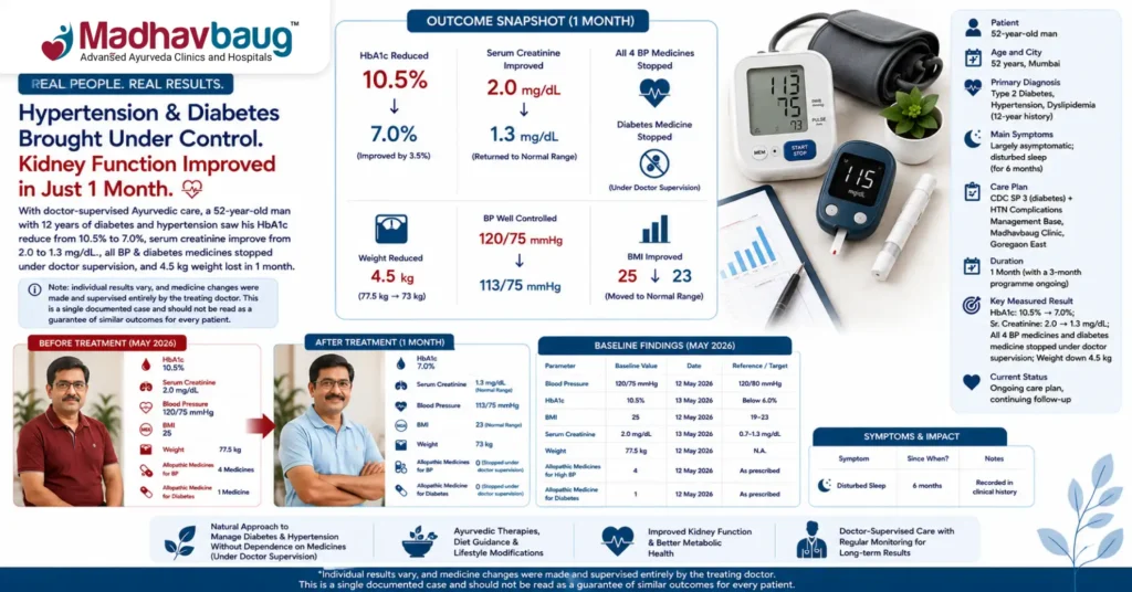 Hypertension and Diabetes Case Study Sr. Creatinine Improves from 2.0 to 1.3 as BP and Blood Sugar Come Under Control in 1 Month